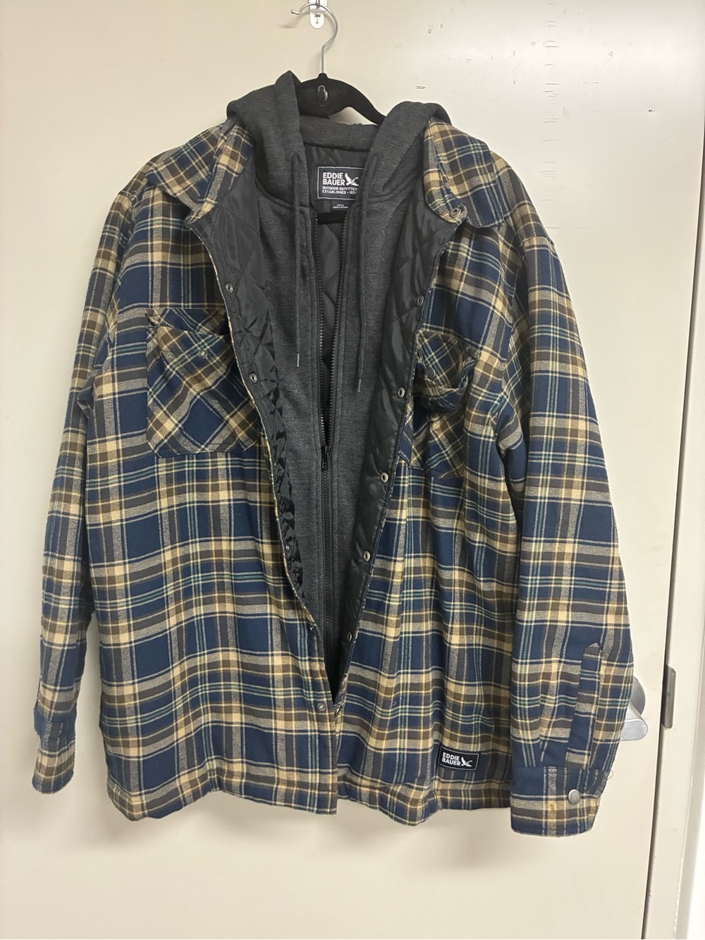 Eddie Bauer Navy and Tan Plaid Hooded Shirt Jacket